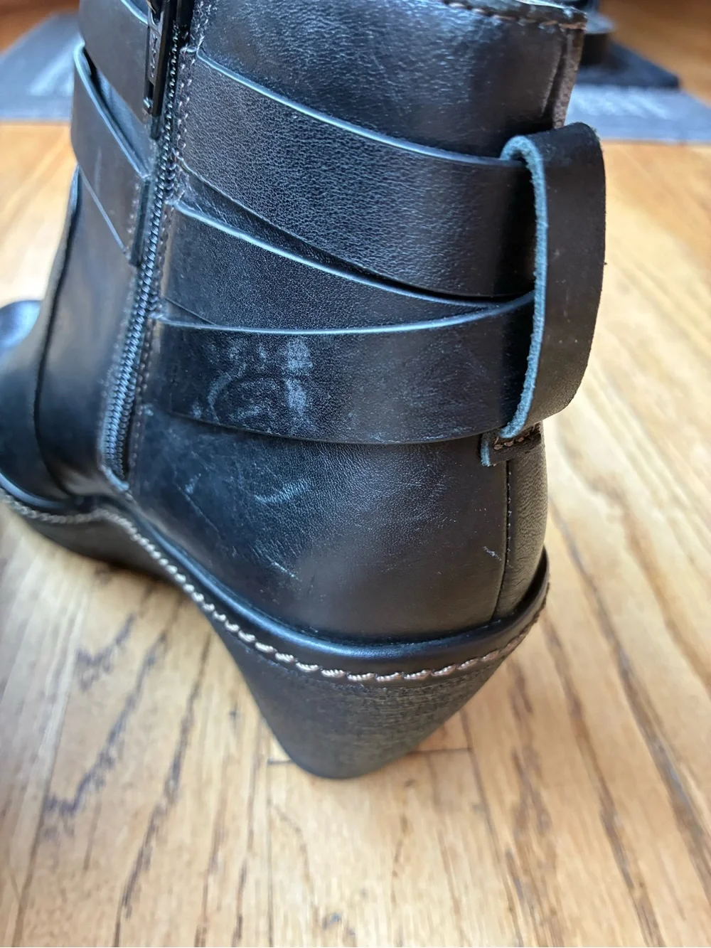 Sofft Caralee Black Leather Wedge Ankle Boot with Buckle Straps